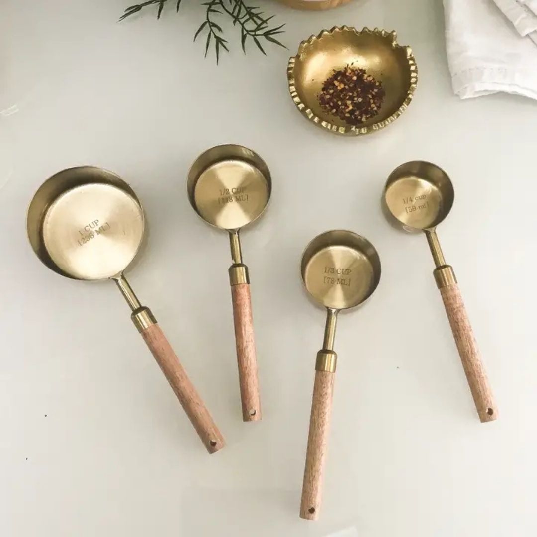 Set of 4 Gold Measuring Cups (White, Black, or Driftwood Handles)-Box Builder Item-India Handicraft-Driftwood-KINSHIP GIFT