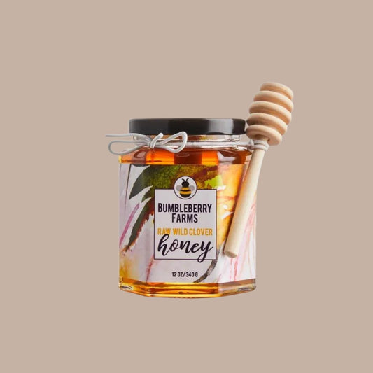 Honey in glass jar with honey dipper - Bumbleberry Farms - Box Builder Item - KINSHIP GIFT - bumbleberry farms, housewarming, LDT:GW:RESTRICT, Sympathy, Warm & cozy, Wellness - Pittsburgh - gift - boxes - gift - baskets - corporate - gifts - holiday - gifts