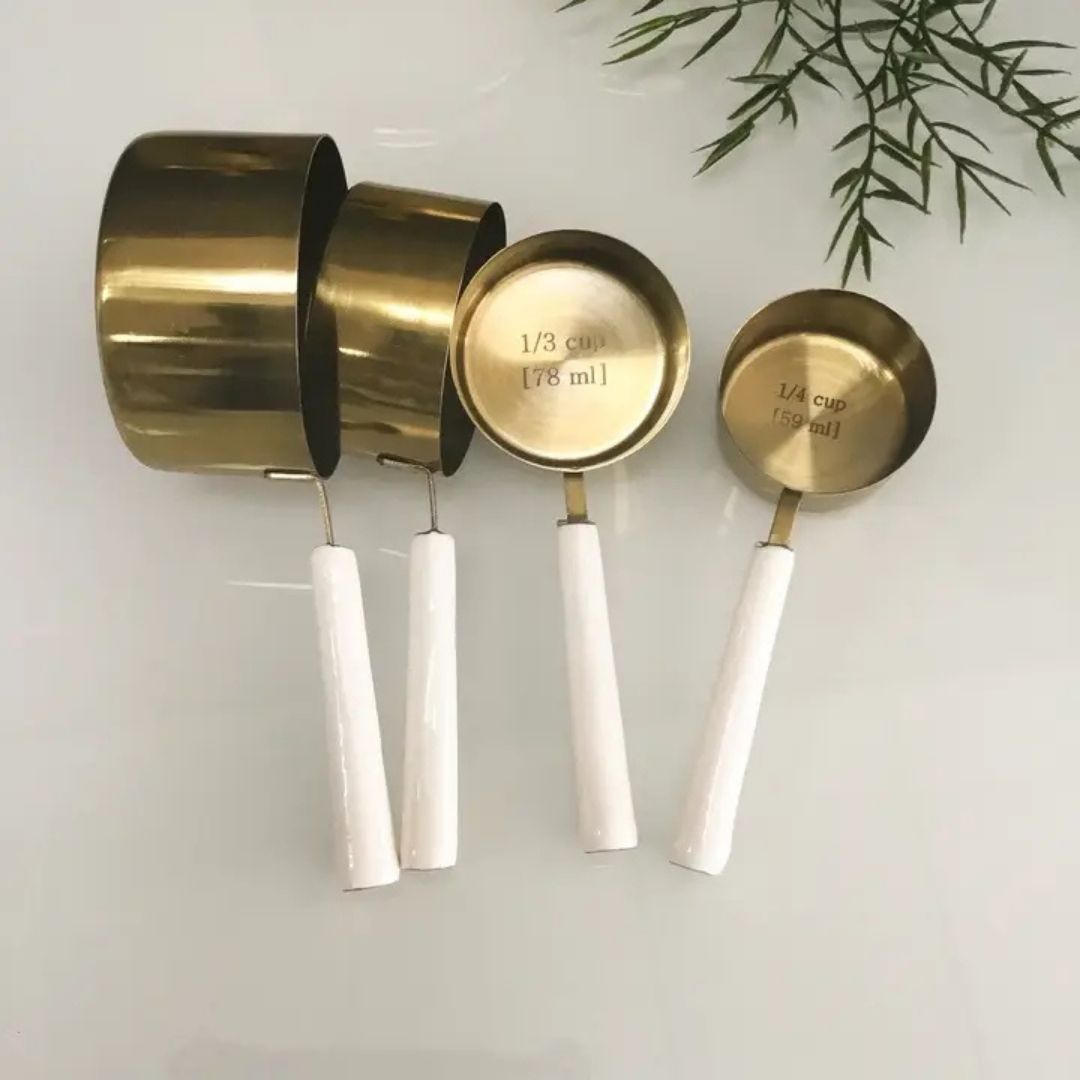 Set of 4 Gold Measuring Cups (White, Black, or Driftwood Handles)-Box Builder Item-India Handicraft-White-KINSHIP GIFT