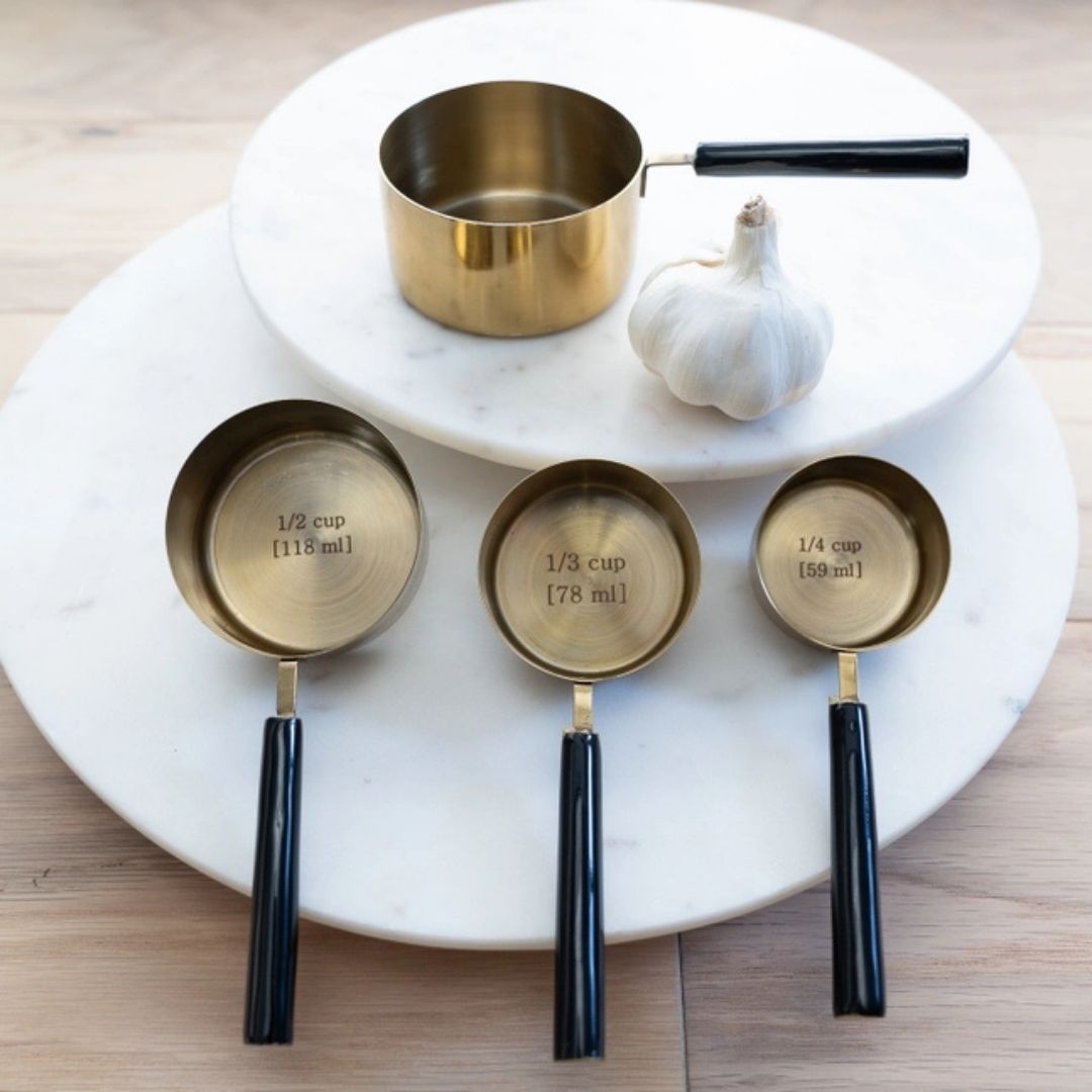 Set of 4 Gold Measuring Cups (White, Black, or Driftwood Handles)-Box Builder Item-India Handicraft-Black-KINSHIP GIFT