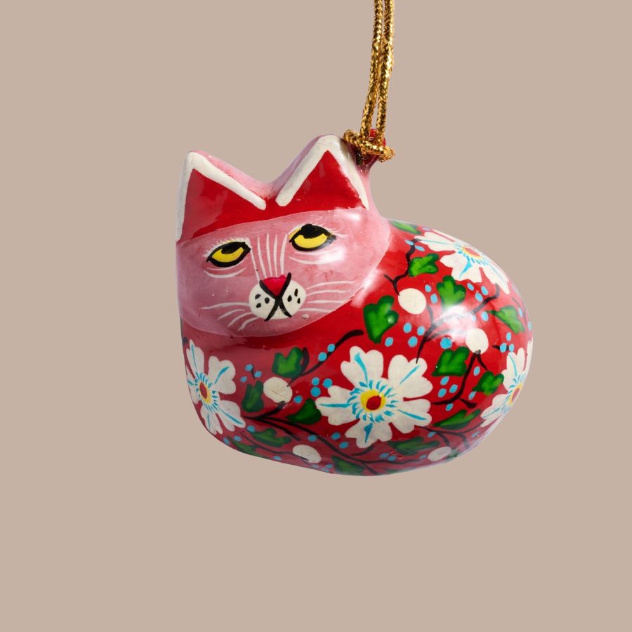 Painted Floral Cat Paper Mache Ornament