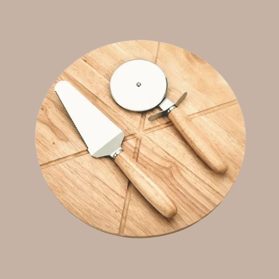 Wooden Pizza Board with Cutting Wheel & Server