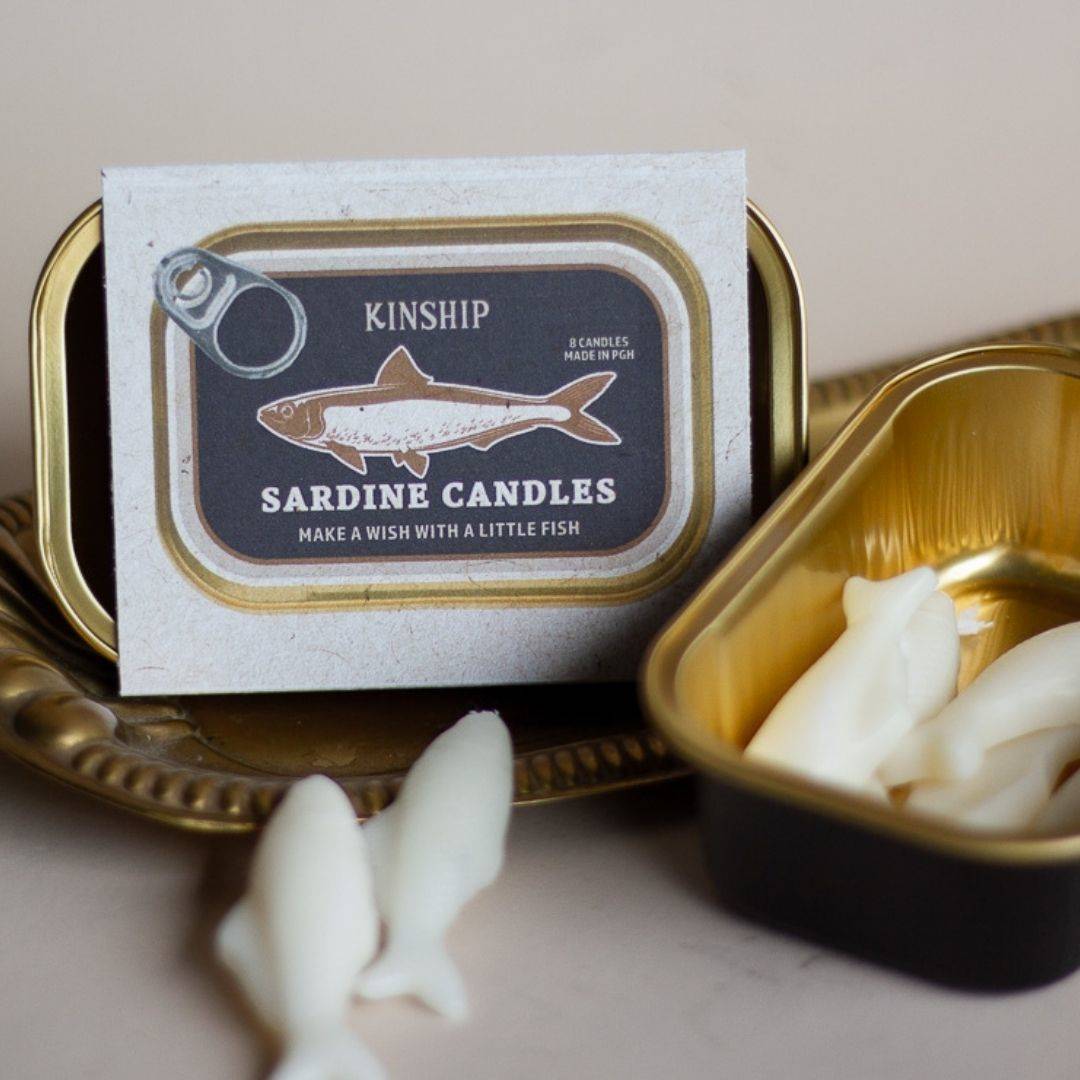 Sardine Celebration Candles in Black/Gold Tin (Set of 8)-Box Builder Item-KINSHIP-Navy and Gold Packaging-birthday, birthday candles, birthday gift box, Kinship Corporate Gifitng, Kinship Corporate Gifting, kinship gift, Kinship gift box, Kinship gift boxes, Kinship gifting service, LDT:GW:RESTRICT, local birthday gift, local birthday party, Pittsburgh Kinship, sardine birthday, sardine candle, sardine lover-