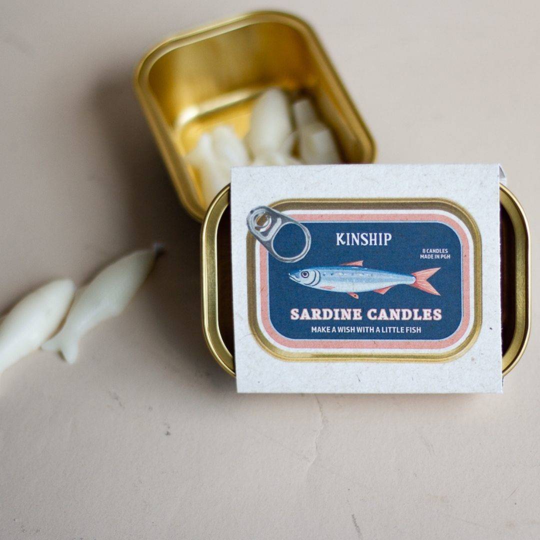 Sardine Celebration Candles in Black/Gold Tin (Set of 8)-Box Builder Item-KINSHIP-Pink and Blue Packaging-birthday, birthday candles, birthday gift box, Kinship Corporate Gifitng, Kinship Corporate Gifting, kinship gift, Kinship gift box, Kinship gift boxes, Kinship gifting service, LDT:GW:RESTRICT, local birthday gift, local birthday party, Pittsburgh Kinship, sardine birthday, sardine candle, sardine lover-
