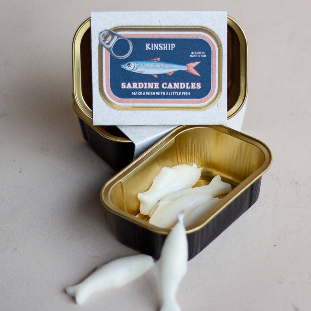 Sardine Celebration Candles in Black/Gold Tin (Set of 8)-Box Builder Item-KINSHIP-Pink and Blue Packaging-birthday, birthday candles, birthday gift box, Kinship Corporate Gifitng, Kinship Corporate Gifting, kinship gift, Kinship gift box, Kinship gift boxes, Kinship gifting service, LDT:GW:RESTRICT, local birthday gift, local birthday party, Pittsburgh Kinship, sardine birthday, sardine candle, sardine lover-