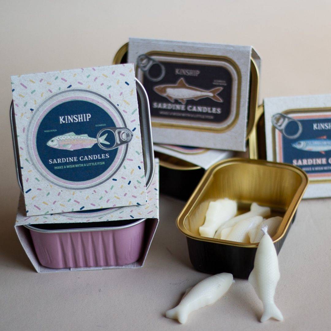 Sardine Celebration Candles in Black/Gold Tin (Set of 8)-Box Builder Item-KINSHIP-Pink and Blue Packaging-birthday, birthday candles, birthday gift box, Kinship Corporate Gifitng, Kinship Corporate Gifting, kinship gift, Kinship gift box, Kinship gift boxes, Kinship gifting service, LDT:GW:RESTRICT, local birthday gift, local birthday party, Pittsburgh Kinship, sardine birthday, sardine candle, sardine lover-