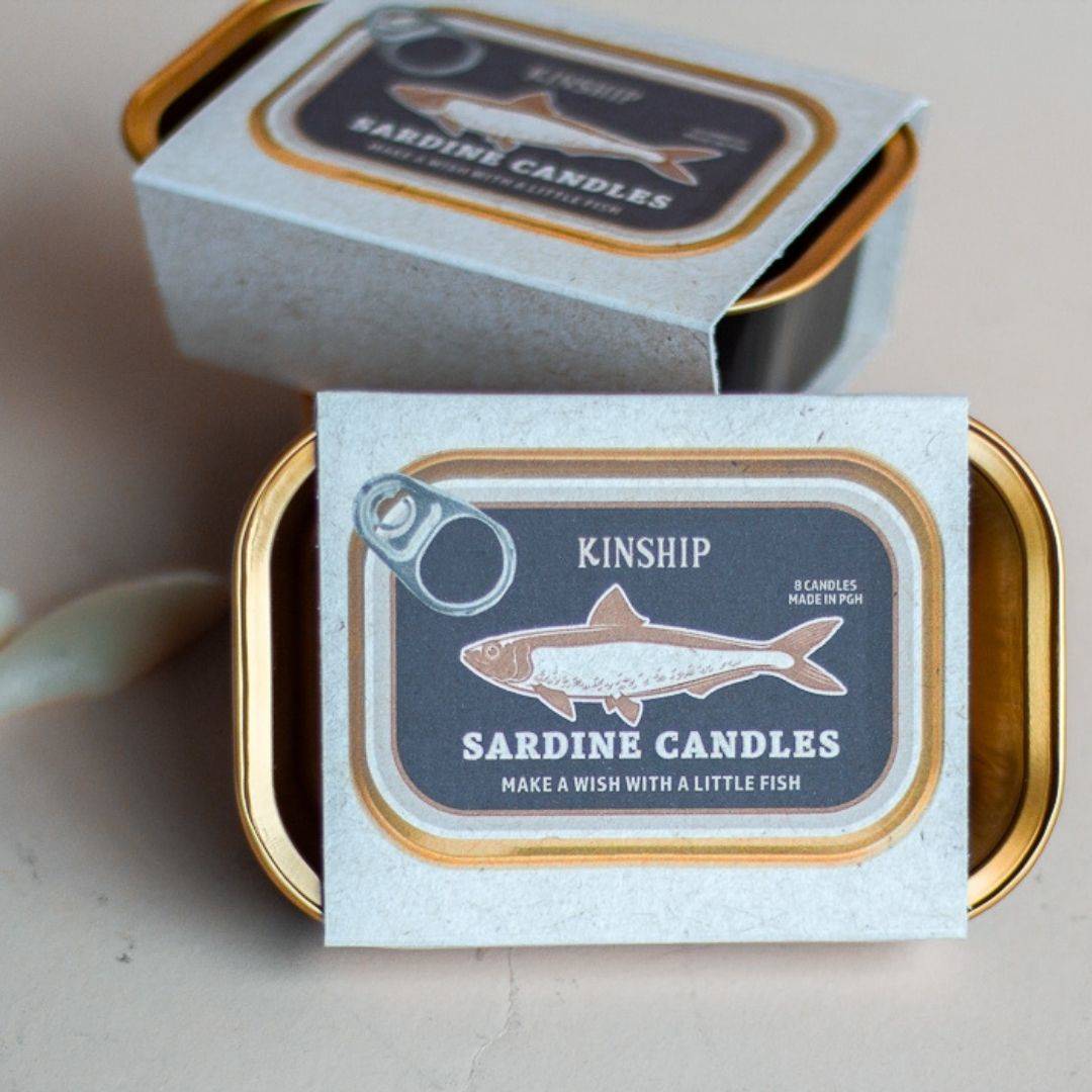Sardine Celebration Candles in Black/Gold Tin (Set of 8)-Box Builder Item-KINSHIP-Pink and Blue Packaging-birthday, birthday candles, birthday gift box, Kinship Corporate Gifitng, Kinship Corporate Gifting, kinship gift, Kinship gift box, Kinship gift boxes, Kinship gifting service, LDT:GW:RESTRICT, local birthday gift, local birthday party, Pittsburgh Kinship, sardine birthday, sardine candle, sardine lover-