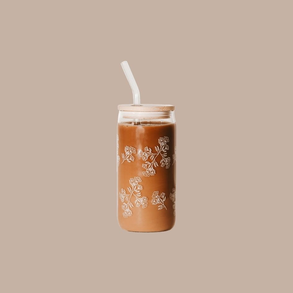 White Floral Can Glass with Straw and Lid