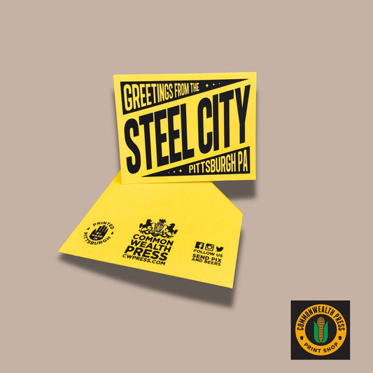 Local Greeting Card Options (Included with curated gift boxes)-Local Greeting Cards-Meshwork Press/Sapling Press/Hazelmade/Triple Threat Press/CommonWealth Press-Commonwealth Press, hazelmade, Kinship Corporate Gifting, LDT:GW:RESTRICT, local greeting cards, locally made, Meshwork Press, Pittsburgh greeting cards, Sapling Press, small business, Triple Threat Press-"GREETINGS FROM THE STEEL CITY" CommonWealthPress-KINSHIP GIFT