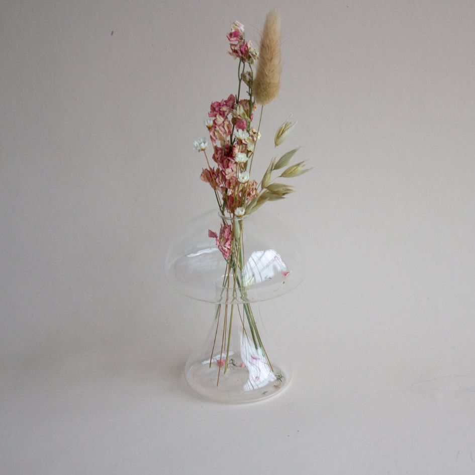 Standing Glass Mushroom Vase with Dried Flowers - Primitives by Kathy - Box Builder Item - KINSHIP GIFT - birthday, Desk Essentials, dried flowers, gifts for her, housewarming, housewarming gift, LDT:GW:RESTRICT, Mother's Day, mushroom, office, vase, wedding - Pittsburgh - gift - boxes - gift - baskets - corporate - gifts - holiday - gifts