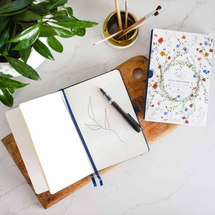 Gold Floral Embossed Linen Cover Sketchbook