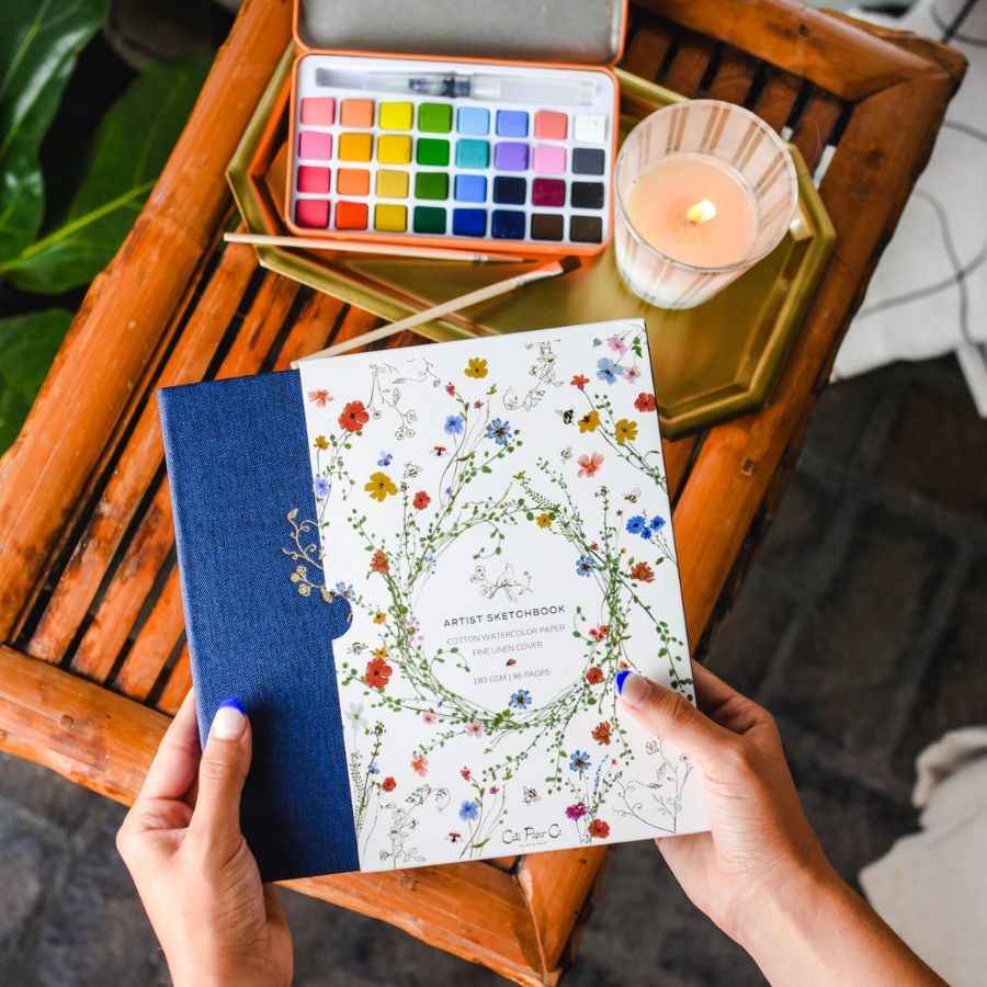 Gold Floral Embossed Linen Cover Sketchbook