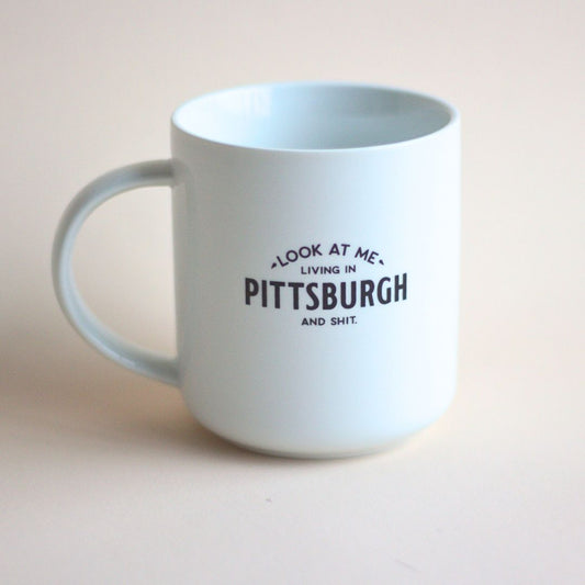 "Look at Me Living in Pittsburgh and Shit" Mug - Sapling Press - Box Builder Item - KINSHIP GIFT - Black & Gold, coffee/tea, Desk Essentials, housewarming, LDT:GW:RESTRICT, Men, Mugs, office, Sapling Press, Warm & cozy - Pittsburgh - gift - boxes - gift - baskets - corporate - gifts - holiday - gifts