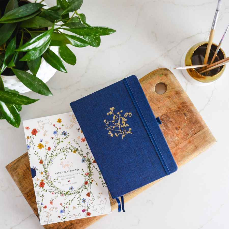 Gold Floral Embossed Linen Cover Sketchbook
