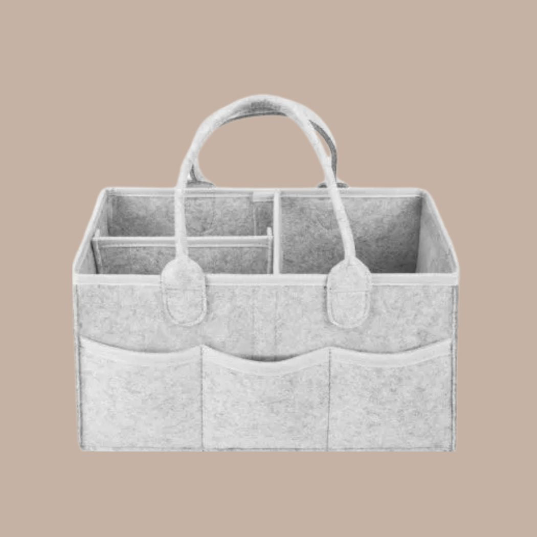 PACKAGING: Gray Felt Diaper Caddy