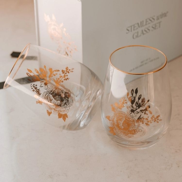 Delft Stemless Wine Glasses, Boxed Set of 2