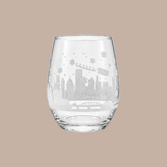 Santa Skyline Pittsburgh Wine Glass