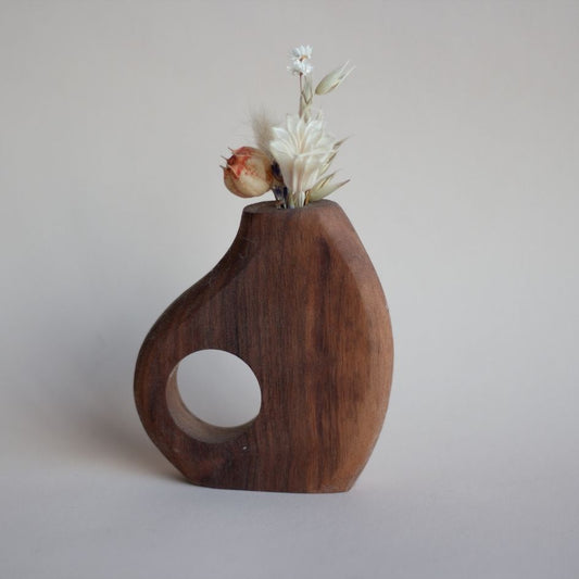 Handmade Walnut Wood Flower Vase (Dried Flowers Included)