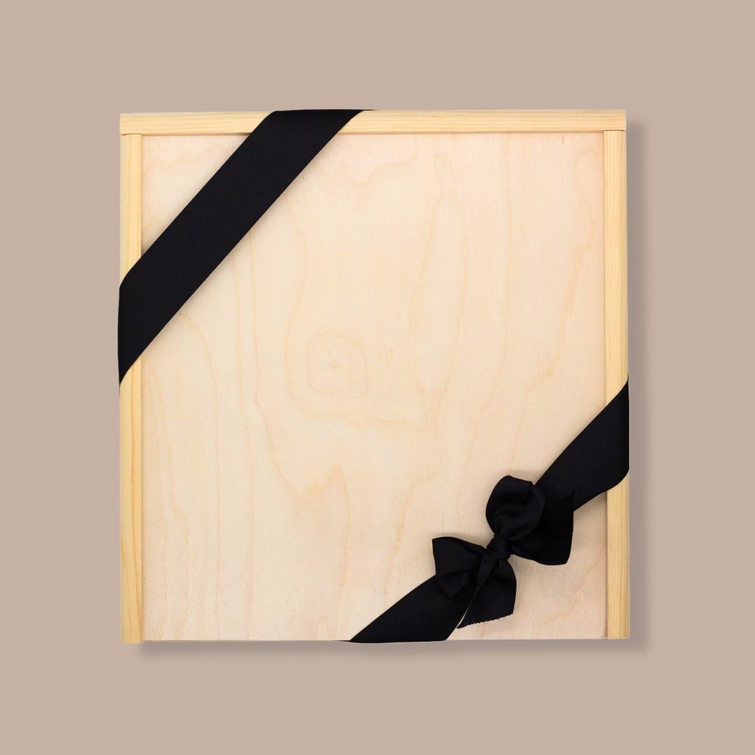 PACKAGING: Keepsake Wooden Crate with Paper Shred and Ribbon