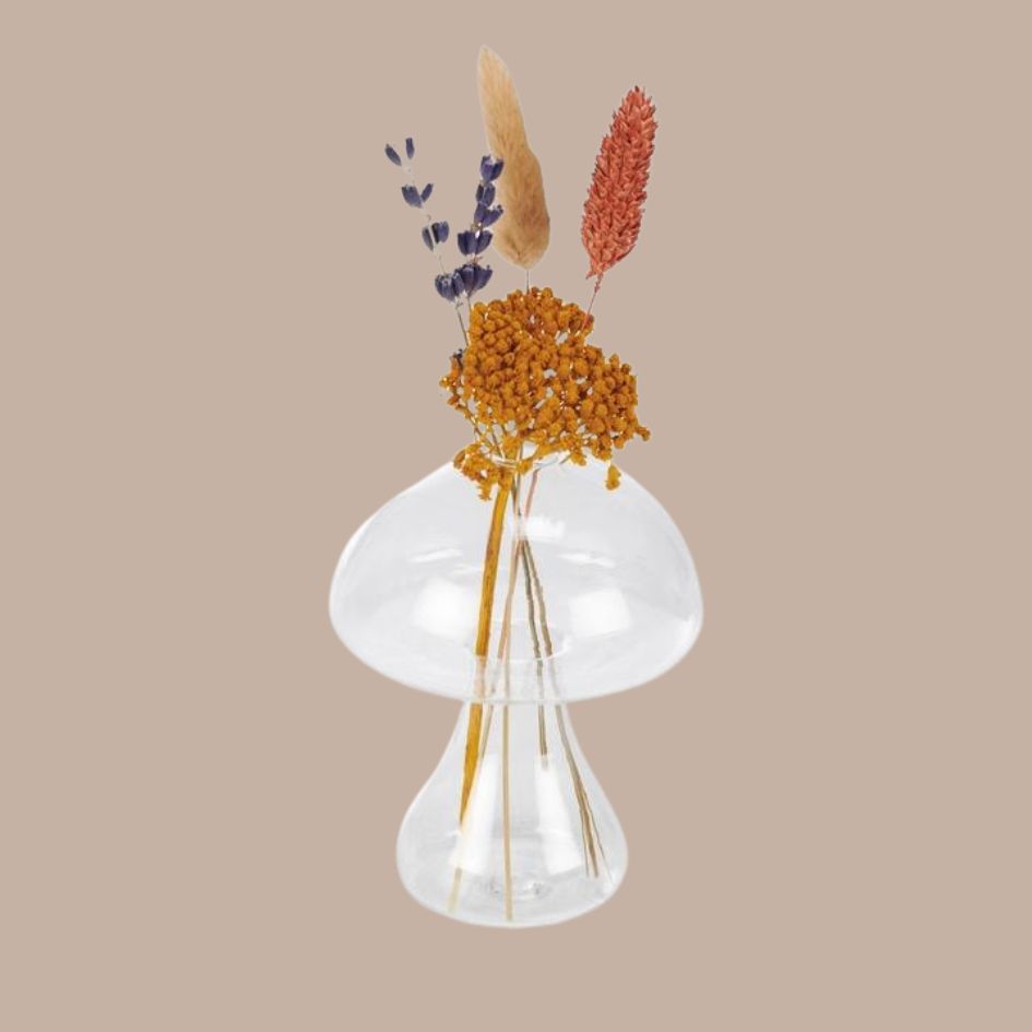 Standing Glass Mushroom Vase with Dried Flowers