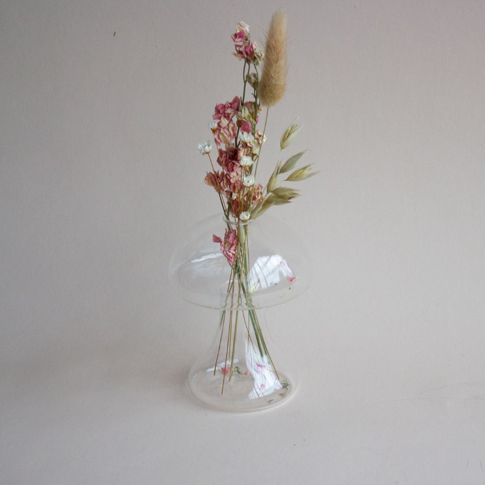 Standing Glass Mushroom Vase with Dried Flowers