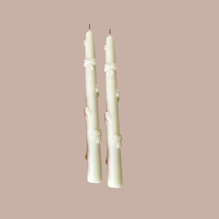 White Bow Taper Candles (Set of 2)-Taper Candles-Wicksburgh-KINSHIP GIFT