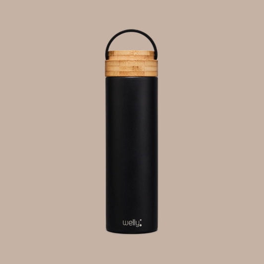 Black Traveler 20oz Water Bottle with Bamboo Loop Cap-Box Builder Item-WELLY-coffee/tea, Desk Essentials, housewarming, LDT:GW:RESTRICT, Mugs, office, Warm & cozy, Welly drinkware-