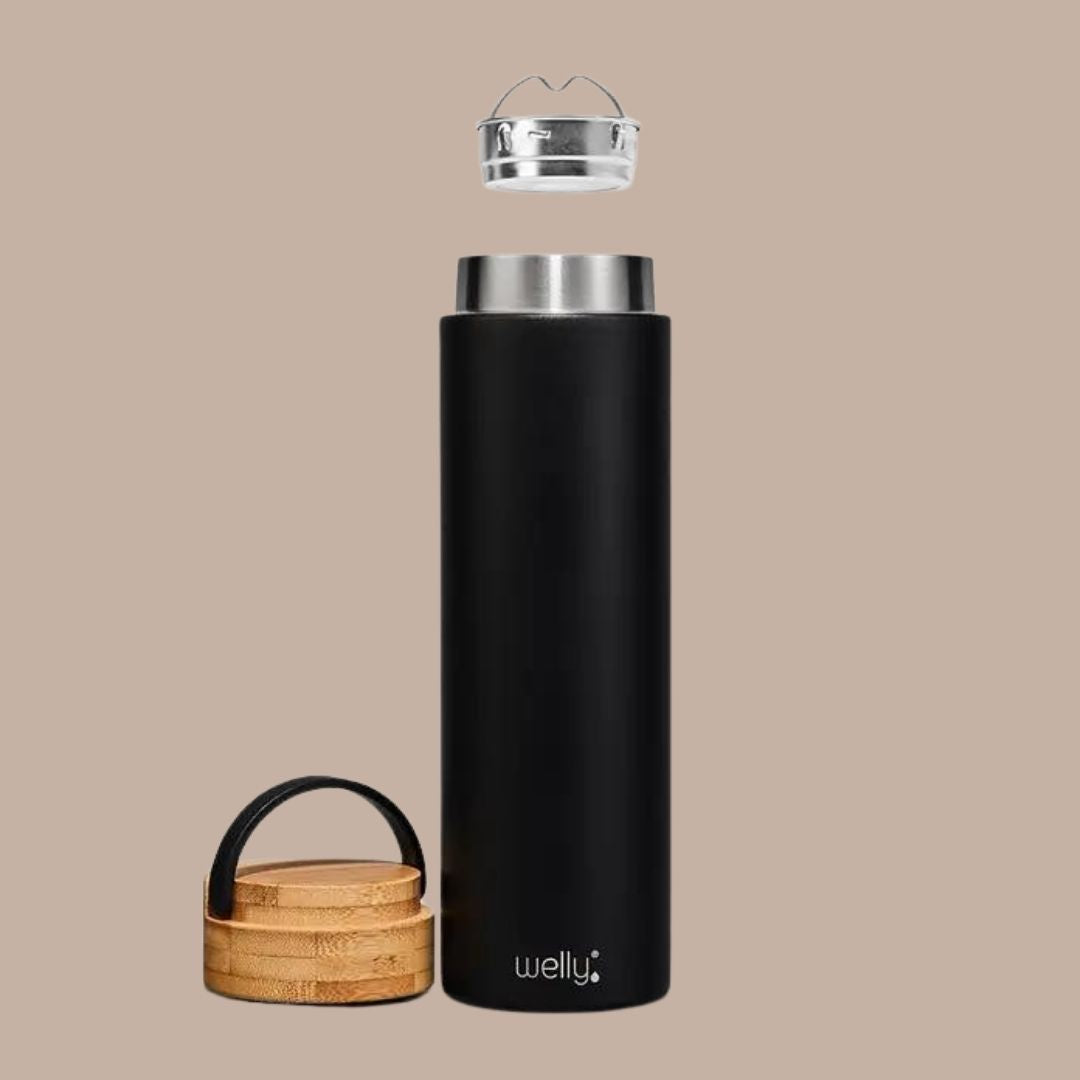 Black Traveler 20oz Water Bottle with Bamboo Loop Cap-Box Builder Item-WELLY-coffee/tea, Desk Essentials, housewarming, LDT:GW:RESTRICT, Mugs, office, Warm & cozy, Welly drinkware-