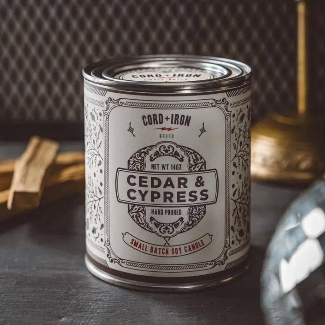 Cedar & Cypres Candle in Paint Can-Box Builder Item-Cord + Iron-business holiday gift, corporate holiday gift, holiday, housewarming, housewarming gift, LDT:GW:RESTRICT, local holiday gifts, Men, Warm & cozy-