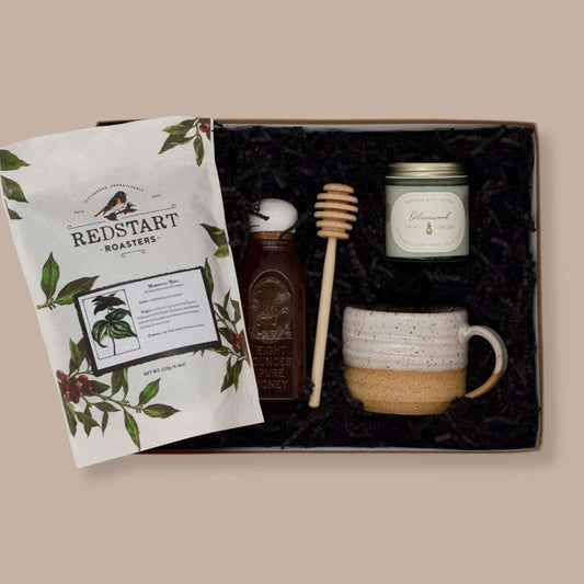 Cozy Tea and Honey Gift Box-Calming/Sympathy-KINSHIP GIFT-bumbleberry farms, candle tea honey, Chez Lapin, coffee/tea, corporate gifts pittsburgh, East Wheeling Clayworks, holiday gifts pittsburgh, housewarming, housewarming gift, local gift box, local pittsburgh gift box, local products, local sympathy, locally made products, locally sourced gift, pittsburgh business gift, pittsburgh companies, pittsburgh gift, pittsburgh gift box, Pittsburgh gift boxes, pittsburgh products, Redstart, Sympathy, sympathy gi
