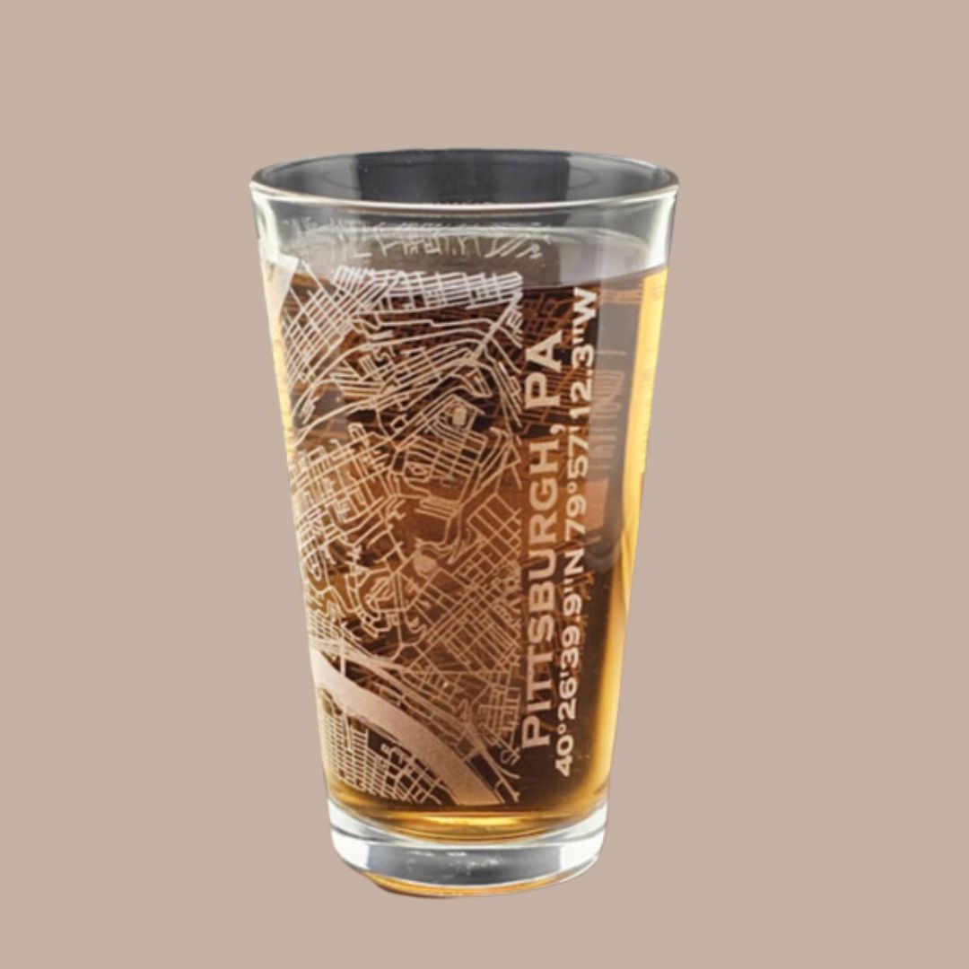 Etched Pittsburgh Map Glassware-Box Builder Item-J & J Designz-Pint Glass-drinkware, glassware, housewarming, housewarming gift, J & & Designz, LDT:GW:RESTRICT, Men-