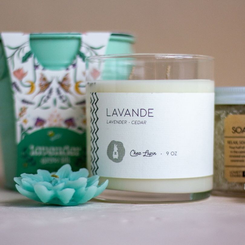 LAVANDE 9oz Glass Candle-Box Builder Item-Chez Lapin-Bride, brides gift, bridesmaid, bridesmaid gift box, candle, Chez Lapin, gift for the bride, housewarming, lavender, LDT:GW:RESTRICT, local self care gift, purple, self care, self care gift, Wellness-