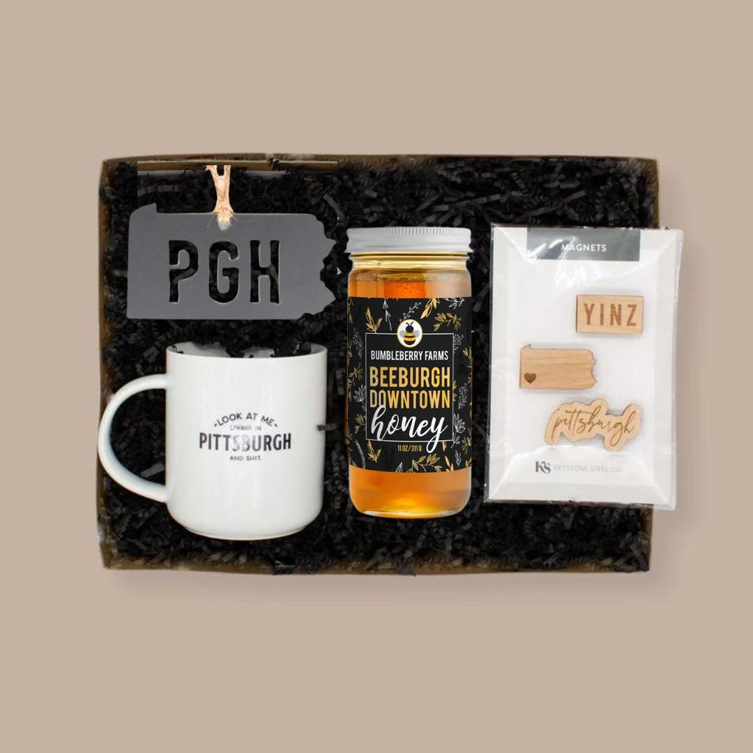 Local Living in Pittsburgh Gift Box-Housewarming Gift-KINSHIP GIFT-corporate gift, housewarming gift, Keystone Steel, Kinship Corporate Gifitng, Kinship Corporate Gifting, Kinship gift box, local businesses, local corporate gift, new home gift, pittsburgh brands, pittsburgh gift, real estate gift, realtor gift, Sapling Press, Steel ornament-KINSHIP GIFT