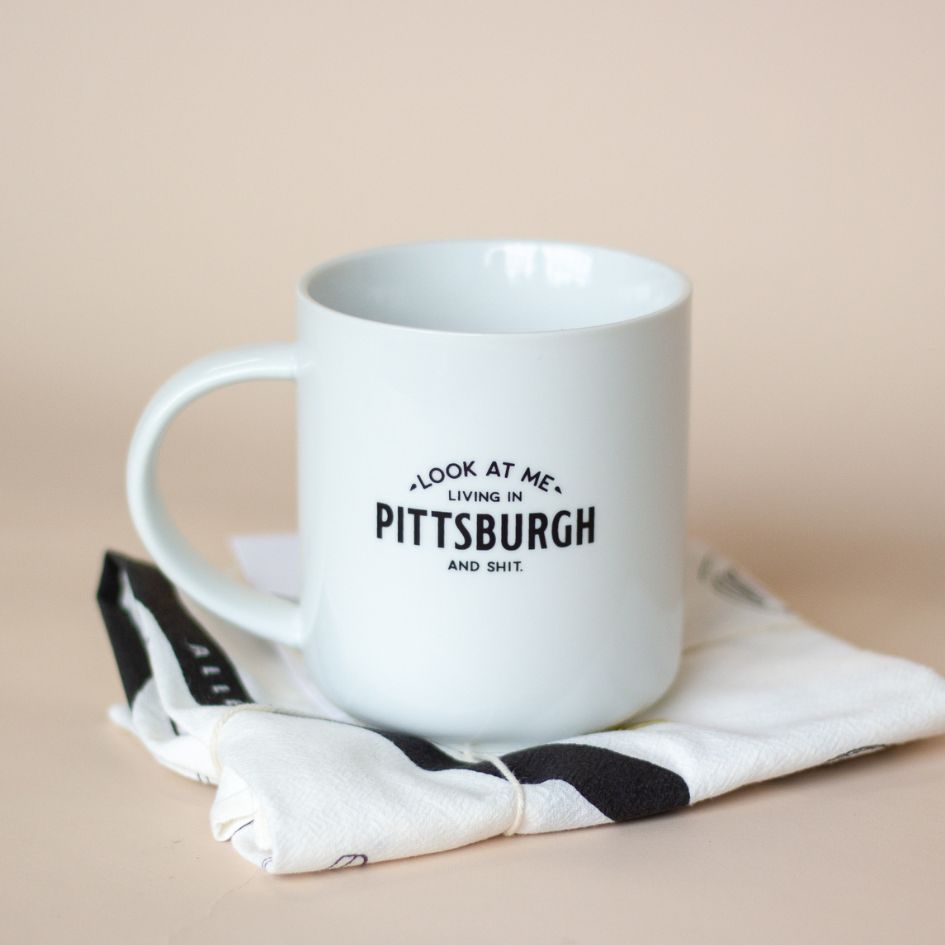 "Look at Me Living in Pittsburgh and Shit" Mug-Box Builder Item-Sapling Press-Black & Gold, Desk Essentials, housewarming, LDT:GW:RESTRICT, Mugs, neutral, pittsburgh, Sapling Press-