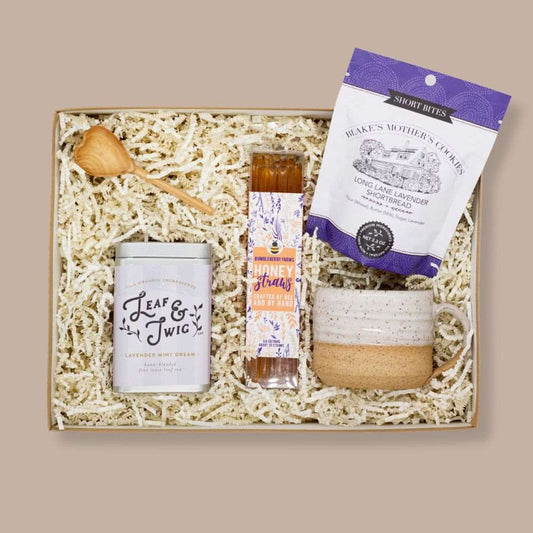 Love and Lavender Gift Box-Calming/Sympathy-KINSHIP GIFT-Blake's Mothers Cookies, bumbleberry farms, coffee/tea, corporate gifts pittsburgh, East Wheeling Clayworks, get well soon, gift basket, holiday gifts pittsburgh, housewarming, housewarming gift, lavender, lavender gift box, Leaf & Twig tea, local businesses, local employee gift, local engagement gift, local gift, local gift box, local gift boxes, local holiday gifts, local pittsburgh gift box, local pottery, local products, local self care gift, loca