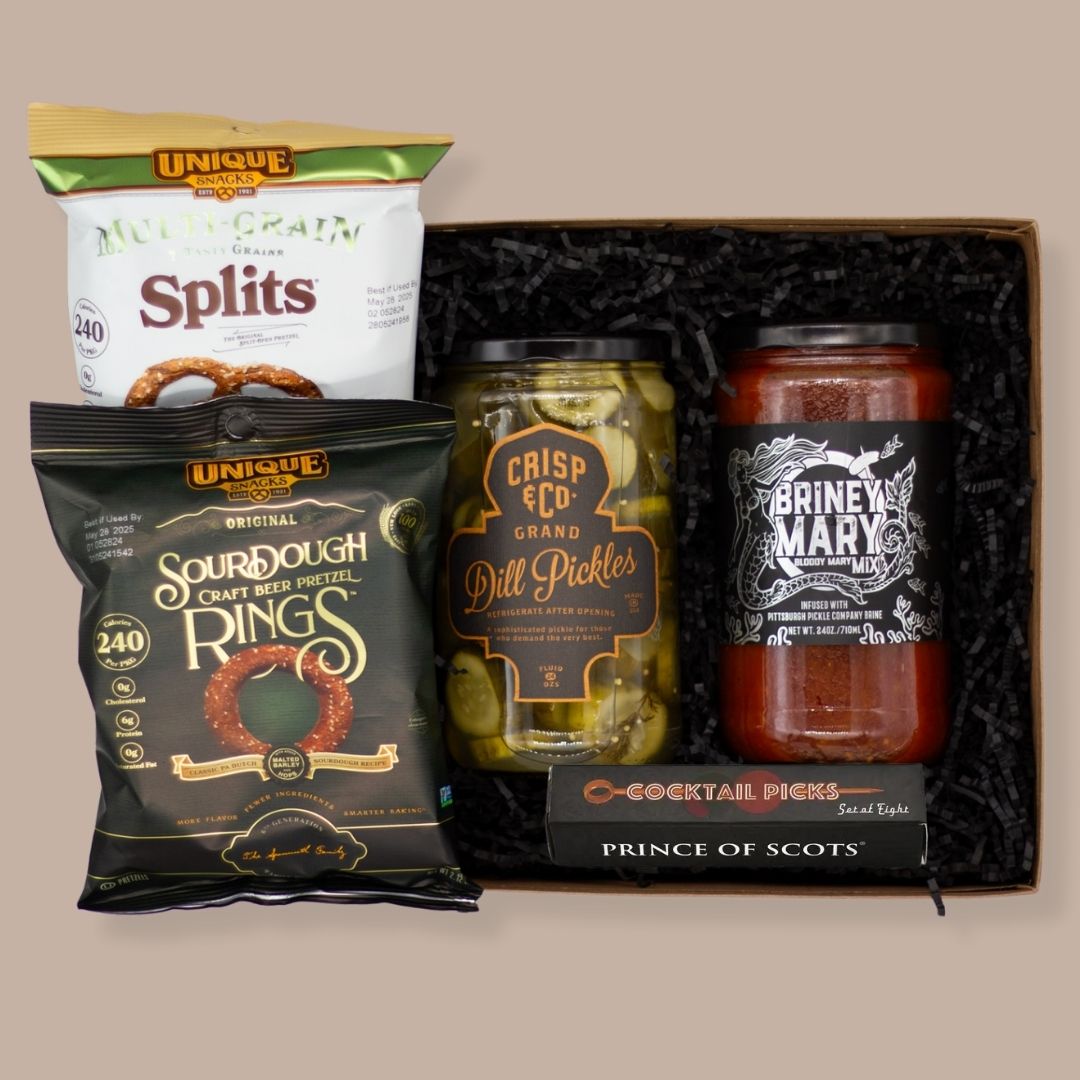 Pittsburgh Bloody Mary Gift Box-Housewarming Gift-KINSHIP GIFT-bloody mary, briney mary, cocktail gift, cocktail gift box, Dill pickle salt, Drinks/Cocktails, entertainment, housewarming, Men, Pittsburgh Pickle Co., Steel City Salt, steel city salt co-Briney Mary mix with Steelers Drink Shaker-KINSHIP GIFT