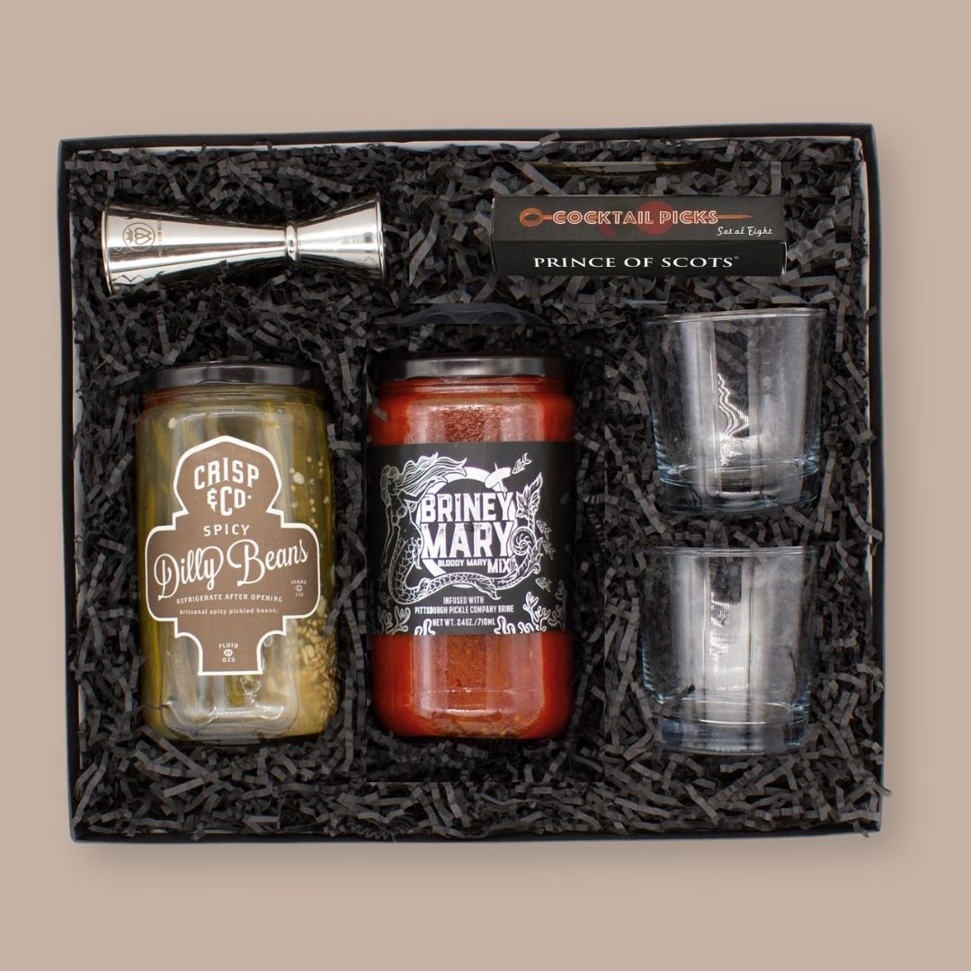 Pittsburgh Bloody Mary Gift Box-Housewarming Gift-KINSHIP GIFT-bloody mary, briney mary, cocktail gift, cocktail gift box, Dill pickle salt, Drinks/Cocktails, entertainment, housewarming, Men, Pittsburgh Pickle Co., Steel City Salt, steel city salt co-Briney Mary mix with Steelers Drink Shaker-KINSHIP GIFT