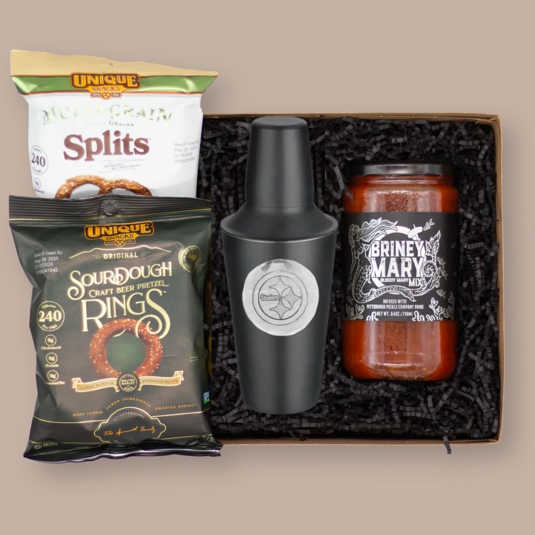 Pittsburgh Bloody Mary Gift Box-Housewarming Gift-KINSHIP GIFT-bloody mary, briney mary, cocktail gift, cocktail gift box, Dill pickle salt, Drinks/Cocktails, entertainment, housewarming, Men, Pittsburgh Pickle Co., Steel City Salt, steel city salt co-Briney Mary mix with Steelers Drink Shaker-KINSHIP GIFT