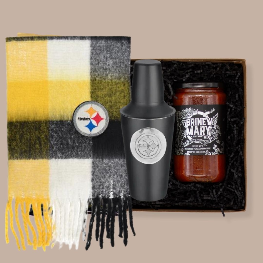 Pittsburgh Bloody Mary Gift Box-Housewarming Gift-KINSHIP GIFT-bloody mary, briney mary, cocktail gift, cocktail gift box, Dill pickle salt, Drinks/Cocktails, entertainment, housewarming, Men, Pittsburgh Pickle Co., Steel City Salt, steel city salt co-Briney Mary mix with Steelers Drink Shaker-KINSHIP GIFT