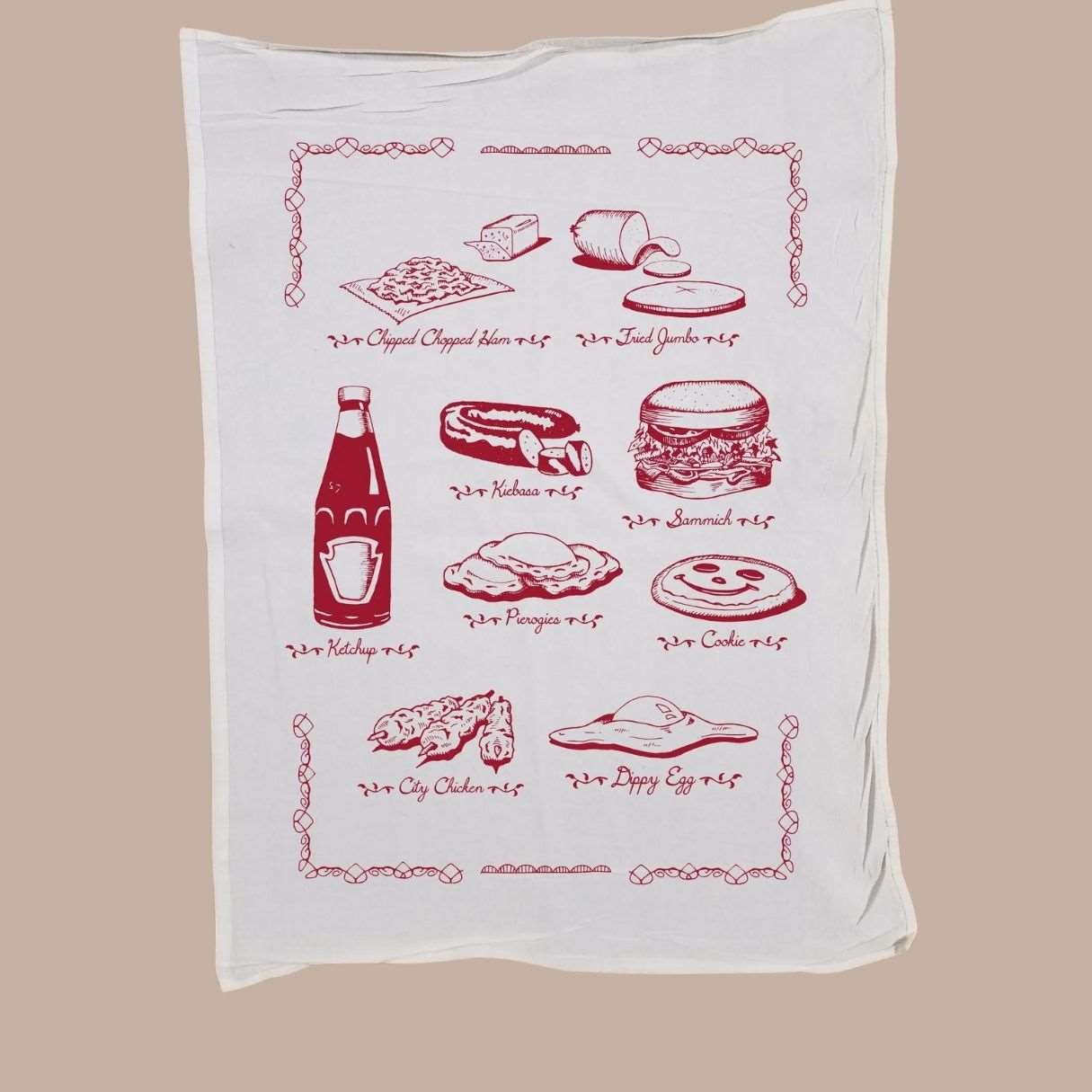 Pittsburgh Foods Tea Towel-Box Builder Item-Commonwealth Press-Commonwealth Press, housewarming, housewarming gift, LDT:GW:RESTRICT, Men, pittsburgh food & drink, red-