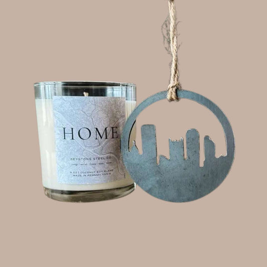 Pittsburgh 'home' Candle + Skyline Ornament Set-Box Builder Item-Keystone Steel-candle, housewarming, Keystone Steel, LDT:GW:RESTRICT, ornament, pumpkin spice, Steel ornament-