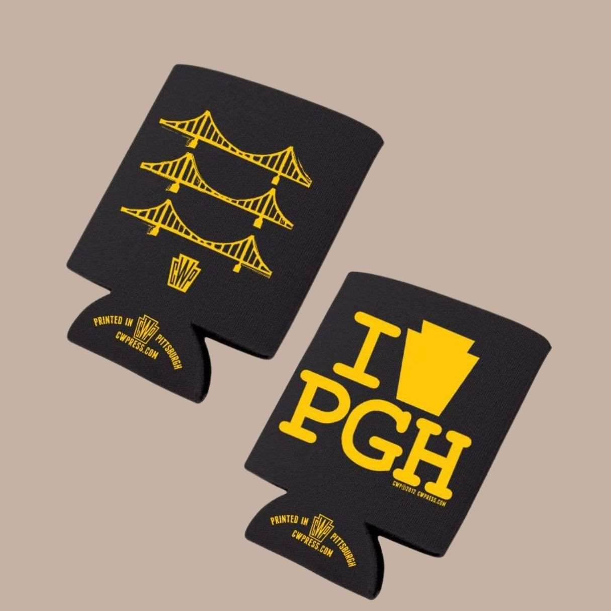 Pittsburgh Koozie-Box Builder Item-Commonwealth Press-Bridges-Black & Gold, black & Yellow, Commonwealth Press, housewarming, LDT:GW:RESTRICT, Men, pittsburgh, pittsburgh brands, yellow, yinz, yinzer-