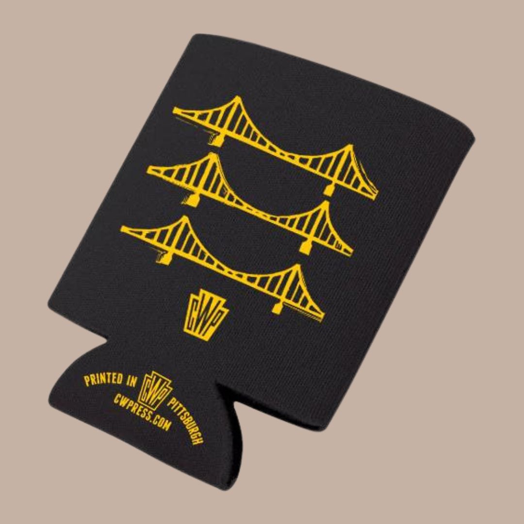 Pittsburgh Koozie-Box Builder Item-Commonwealth Press-Bridges-Black & Gold, black & Yellow, Commonwealth Press, housewarming, LDT:GW:RESTRICT, Men, pittsburgh, pittsburgh brands, yellow, yinz, yinzer-