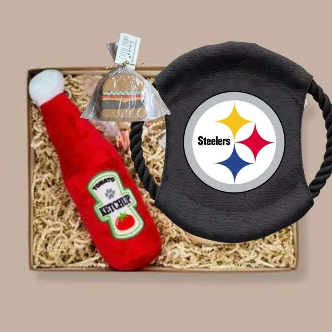 Pittsburgh Steelers and Ketchup Dog Gift Box-Pet Themed Gift-KINSHIP GIFT-dog dad gift, Dogs, Ketchup, Kinship Corporate Gifting, new dog parent, Pets, pittsburgh food & drink-KINSHIP GIFT