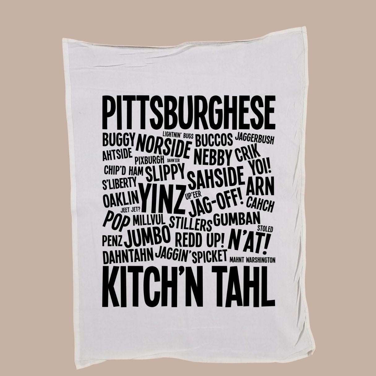 Pittsburghese Tea Towel-Box Builder Item-Commonwealth Press-Black & Gold, black & Yellow, Commonwealth Press, housewarming, housewarming gift, LDT:GW:RESTRICT, Men, pittsburgh, pittsburgh brands, yinz, yinzer-