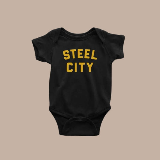 Steel City Logo Baby Onesie-Box Builder Item-Steel City-baby gift, baby shower, LDT:GW:RESTRICT, local baby gift, local baby products, local new baby gift, minimalist baby gift, new baby gift, new baby gift box, Steel City, trendy baby-