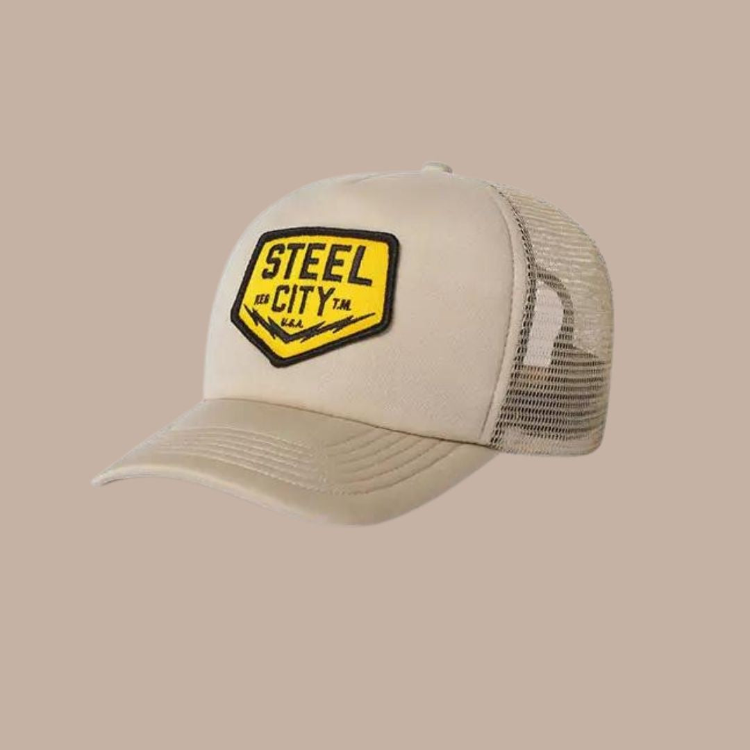 Steel City Tan Bolts Patch Trucker Hat-Box Builder Item-Steel City-hat, LDT:GW:RESTRICT, Men, Steel City-