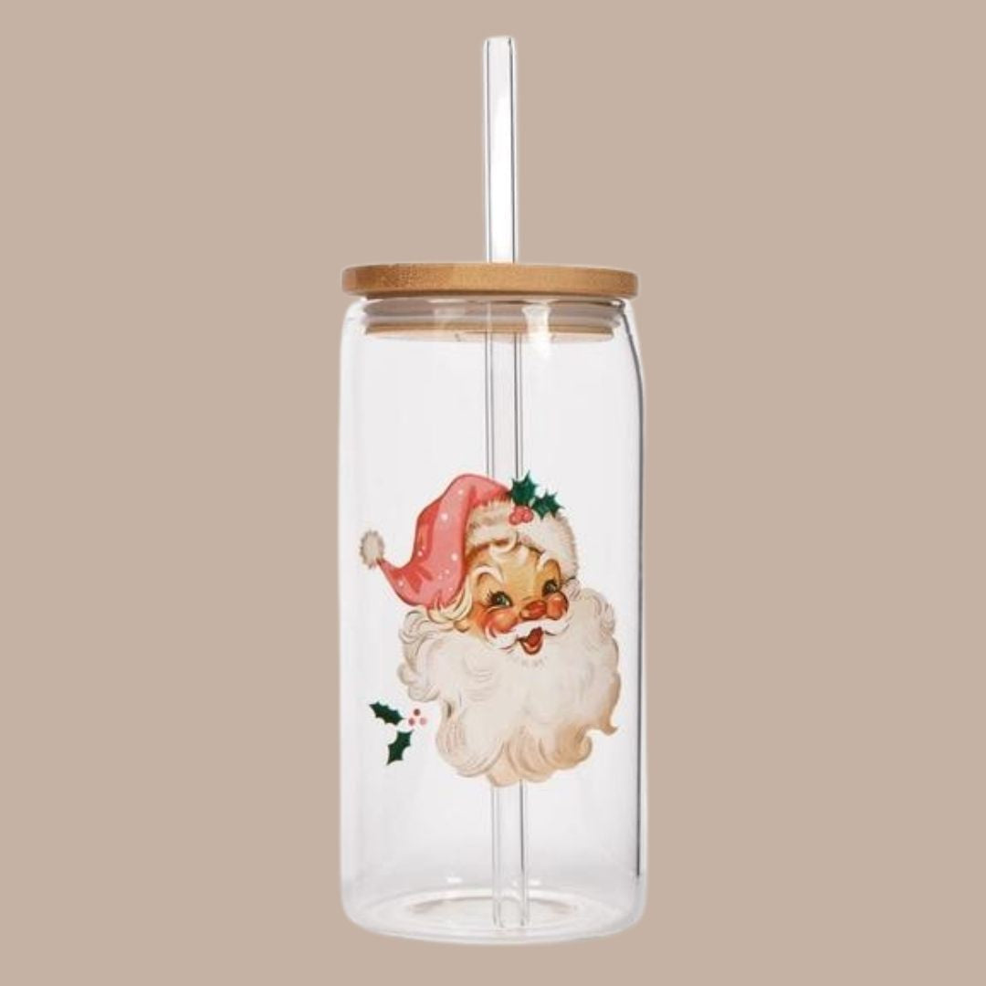 Vintage Santa 17 oz Can Glass w/ Straw & Lid-Box Builder Item-Sweet Water Decor-christmas gift box, corporate holiday gift, holiday gifts pittsburgh, LDT:GW:RESTRICT, local holiday gift, local holiday gifts, Sweet Water Decor, vintage santa-